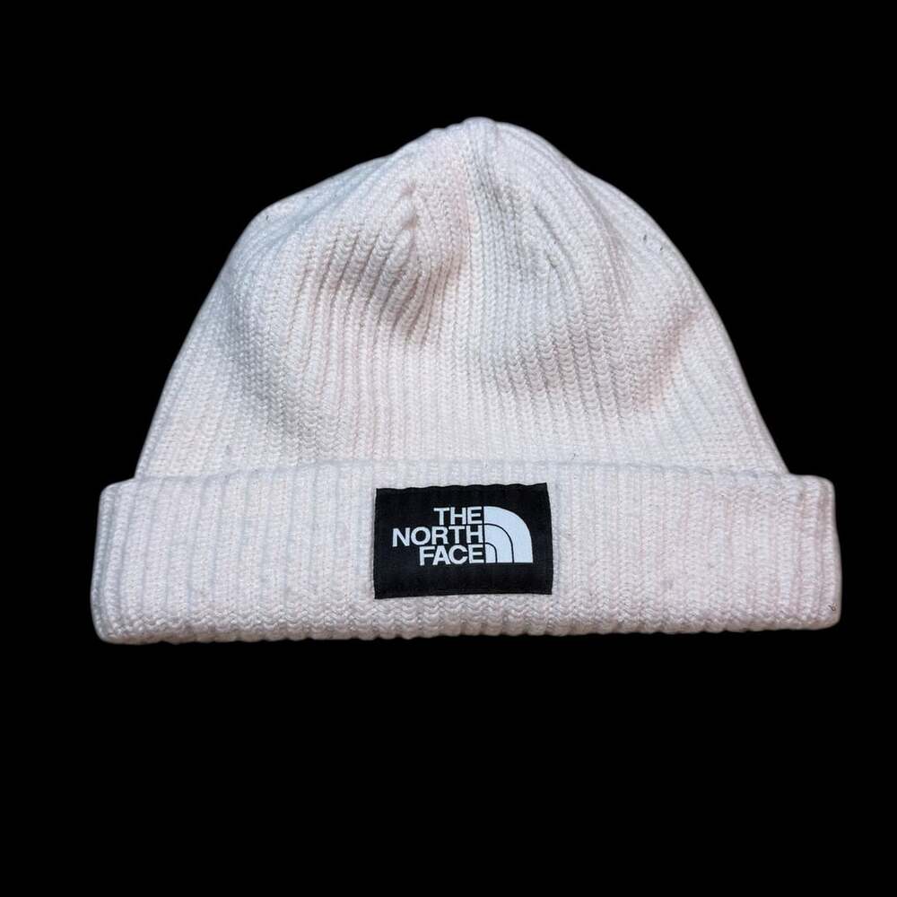 The North Face Logo Box Cuffed Beanie White Rib Knit Hat